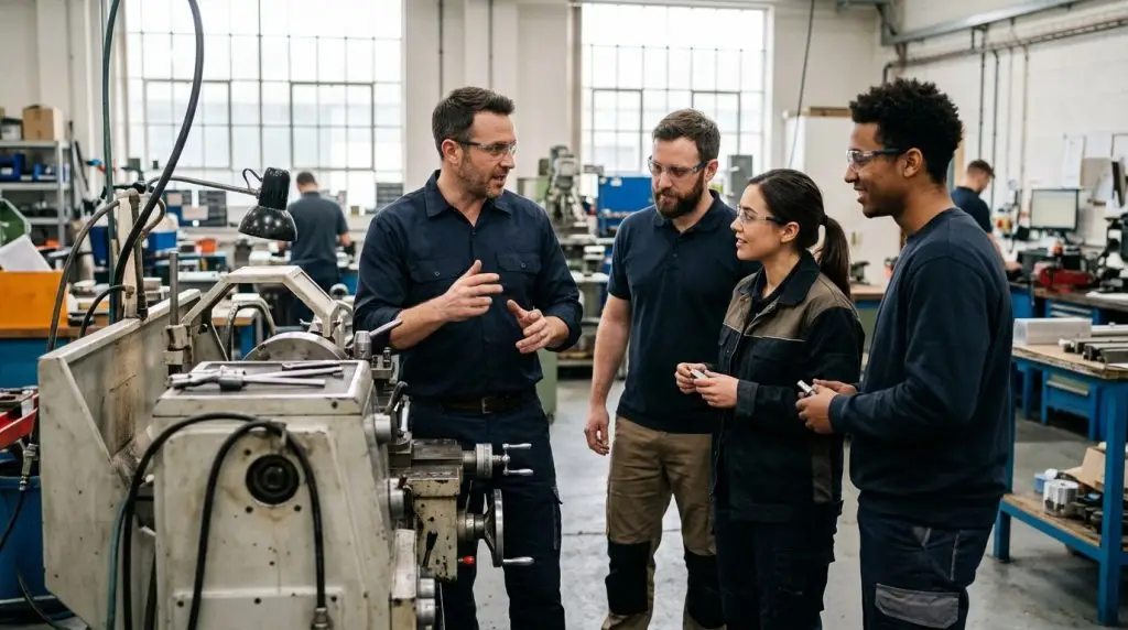 Chef d'atelier faisant un point avec trois opérateurs devant une machine dans un atelier de production