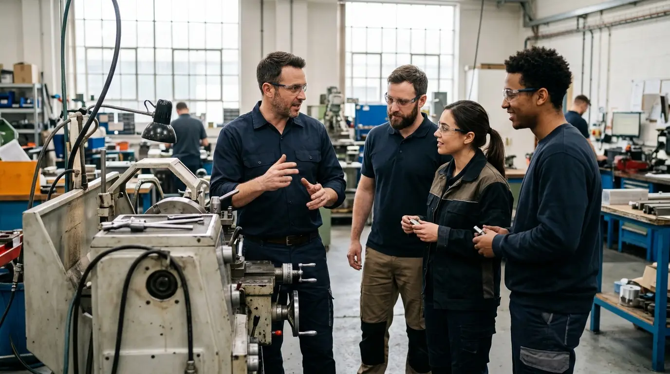 Chef d'atelier faisant un point avec trois opérateurs devant une machine dans un atelier de production