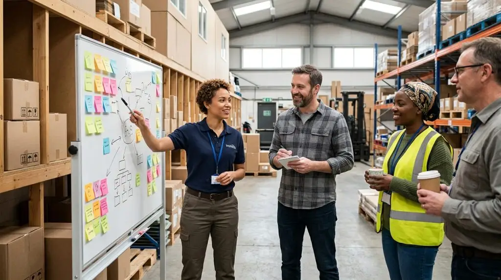 Point d'équipe debout entre logistique et commerce devant un tableau de post-it dans une PME