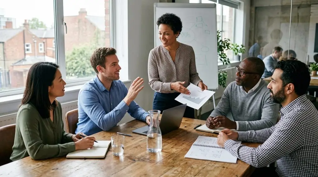 Comité de direction de PME autour d'une table écoutant une proposition présentée par une responsable commerciale