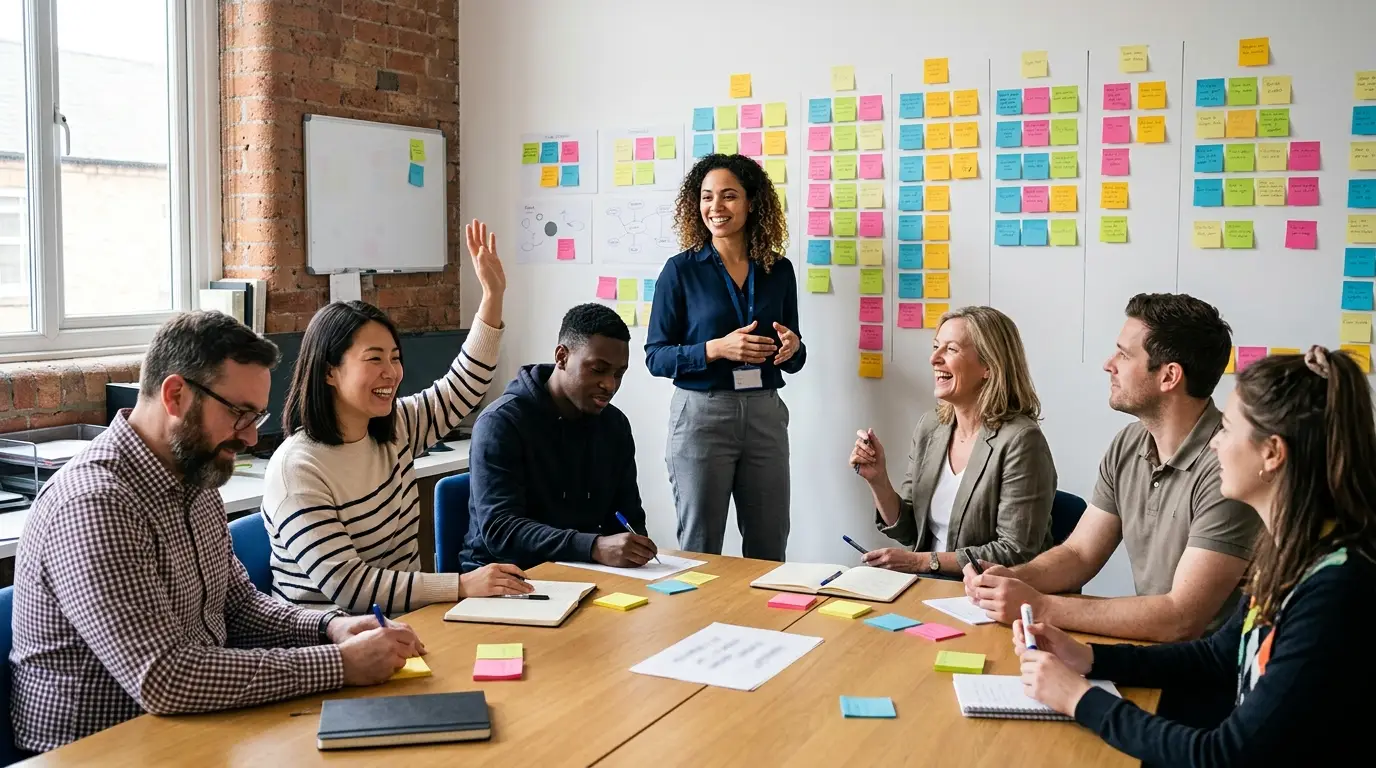 Facilitatrice animant un atelier avec six participants devant un mur de post-it dans une salle de réunion de PME