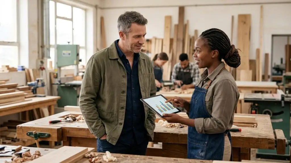 Dirigeant de PME écoutant une cheffe d'équipe qui présente un tableau de suivi sur tablette dans un atelier de menuiserie