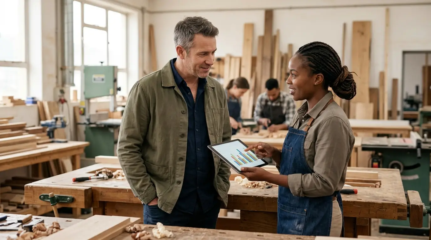 Dirigeant de PME écoutant une cheffe d'équipe qui présente un tableau de suivi sur tablette dans un atelier de menuiserie