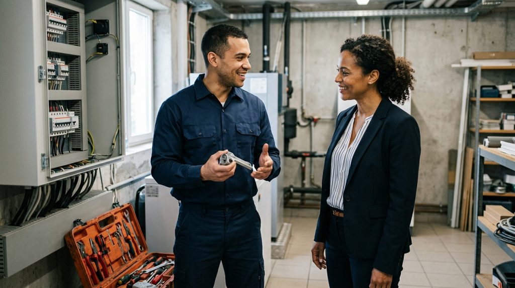 Technicien de maintenance expliquant une intervention à une responsable de site dans un local technique